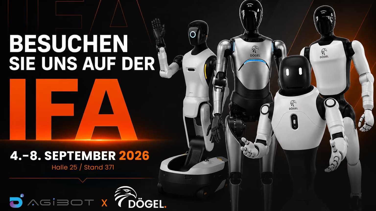 Kampagnenmotiv zur IFA 2026: vier humanoide Roboter, dazu die Logos von AGIBOT und Dögel